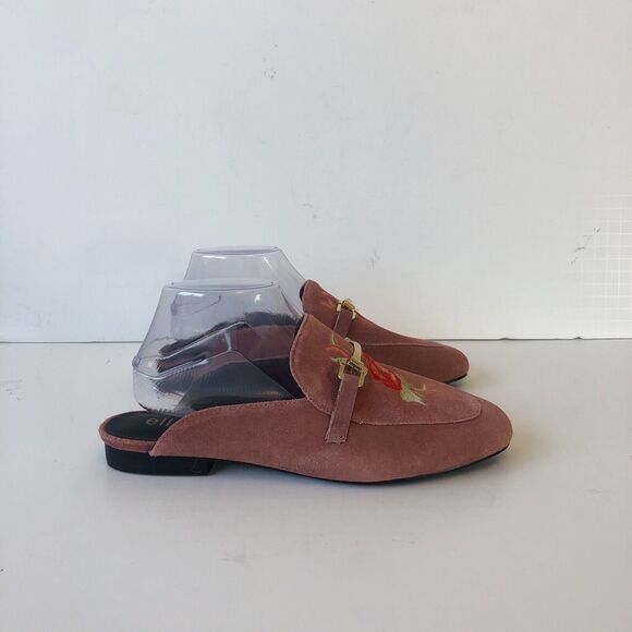 Ellos Horsebit Leather Suede Mules Loafers Pink Rose Embroidered Womens Size 8.5 - Picture 5 of 13